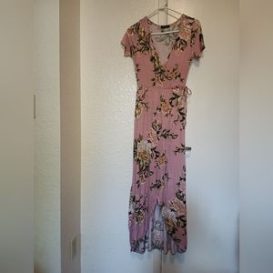 Popular Basic - Pink Floral Maxi Wrap, Shirt Sleeve Dress